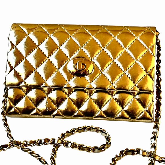 Vintage Gold Faux Patent Leather Crossbody Handbag Padded Flap Turn Lock - Picture 9 of 10